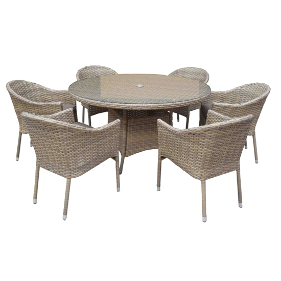 Photo of Derya glass top 135cm dining table with 6 stacking chairs