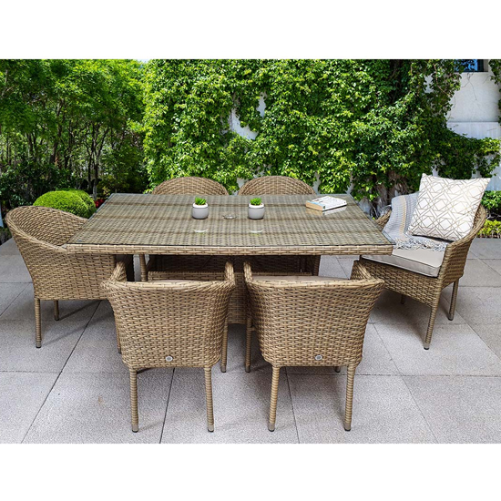 Photo of Derya glass top 150cm dining table with 6 stacking chairs