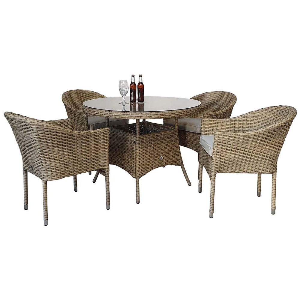 Derya Glass Top Garden Round Dining Set With 4 Armchairs In Brown