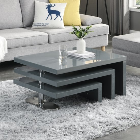 Read more about Design rotating high gloss coffee table with 3 tops in grey