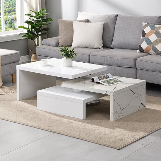 Design Rotating High Gloss Coffee Table With 3 Tops In Vida Marble Effect