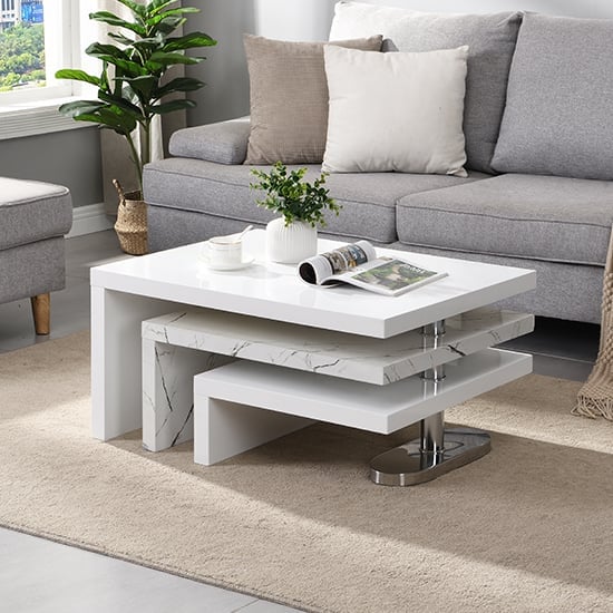 Design Rotating High Gloss Coffee Table With 3 Tops In Vida Marble Effect