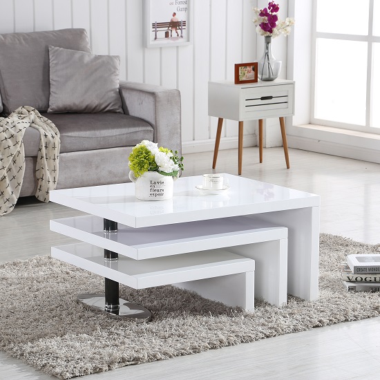 Design Coffee Table Rotating In White High Gloss With 3 