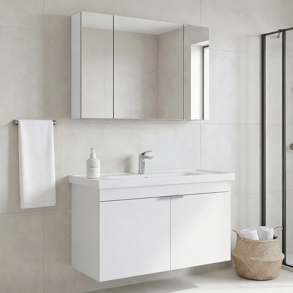 Desna 1000mm Wooden Wall Mounted Bathroom Furniture Set with 5 Doors in Matte White