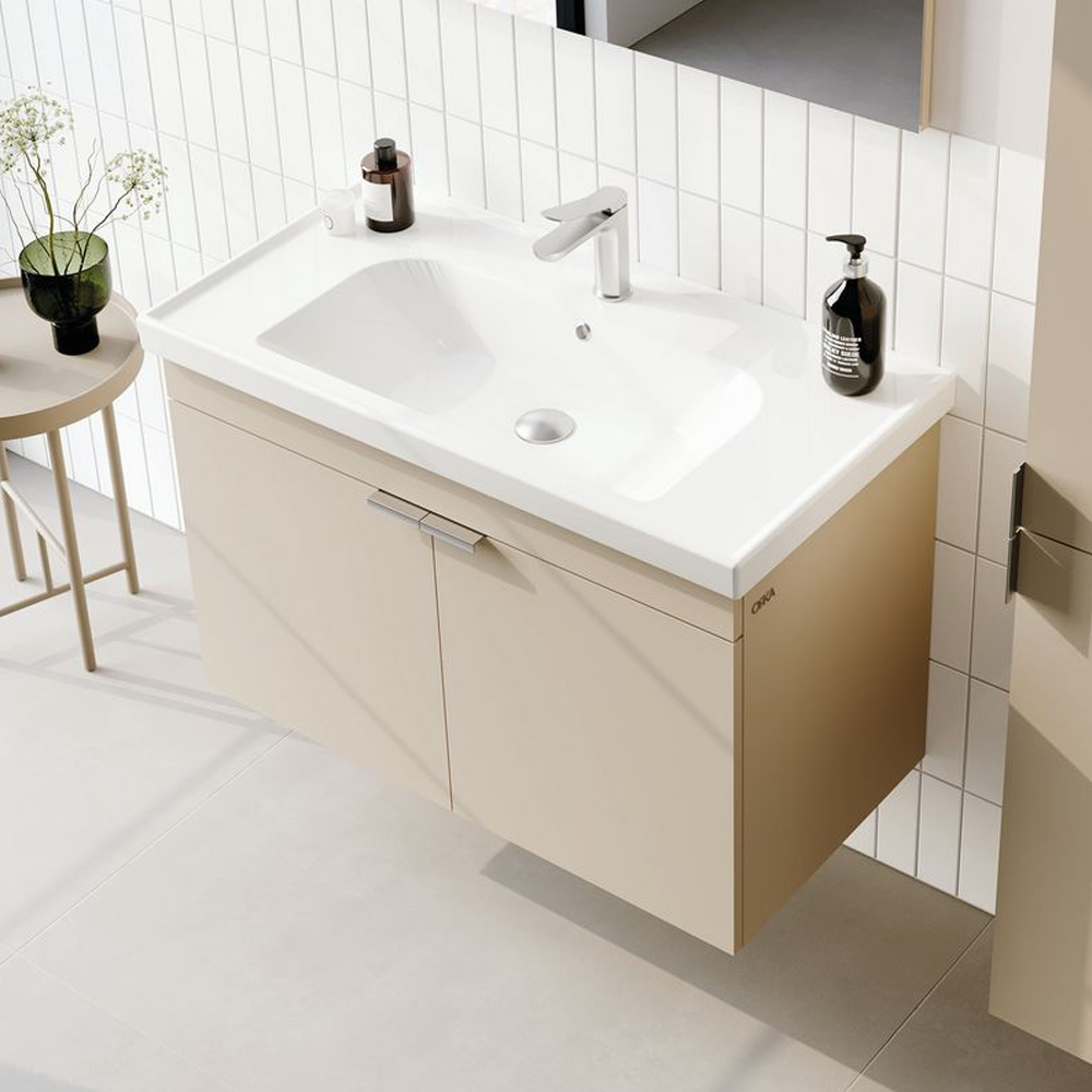 Desna 900mm Wooden Wall Mounted Vanity Unit & Basin with 2 Doors in Sand