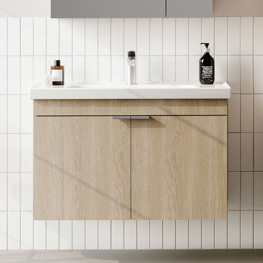 Desna 900mm Wooden Wall Mounted Vanity Unit & Basin with 2 Doors in Sonoma Oak