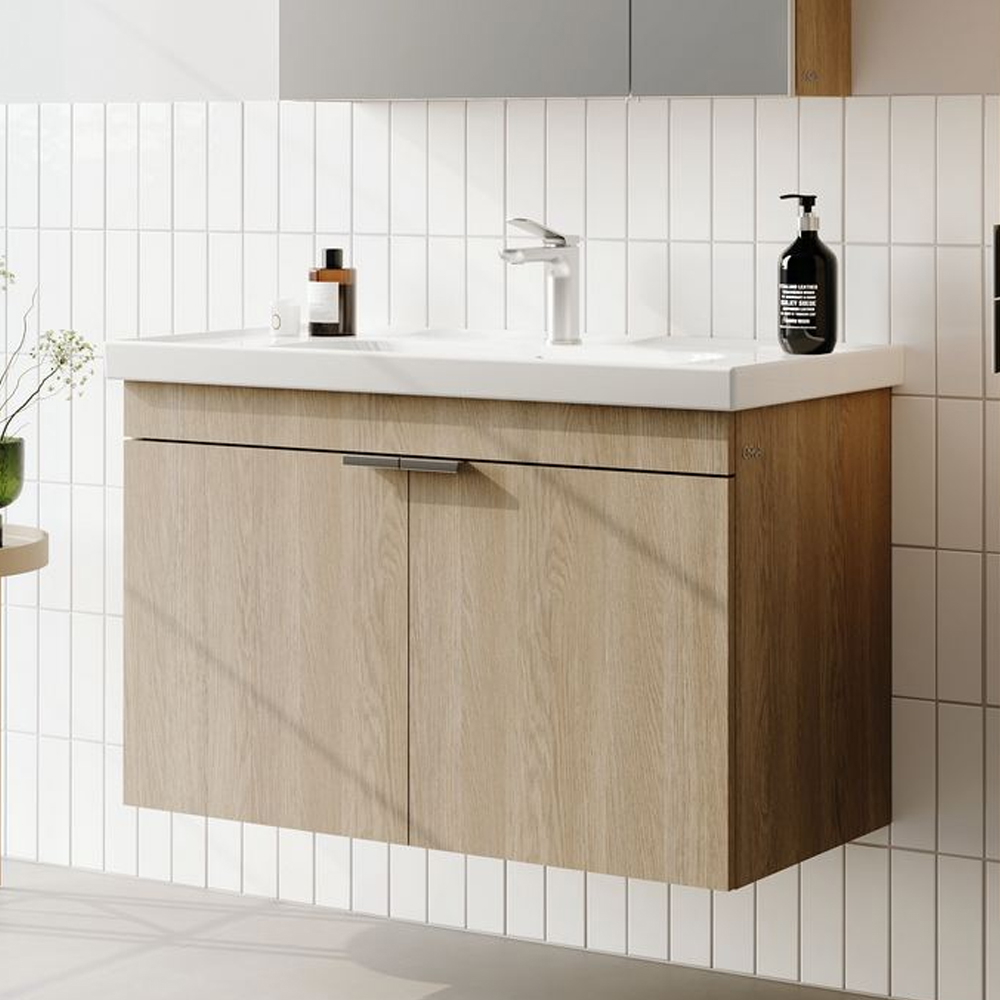 Desna 900mm Wooden Wall Mounted Vanity Unit & Basin with 2 Doors in Sonoma Oak