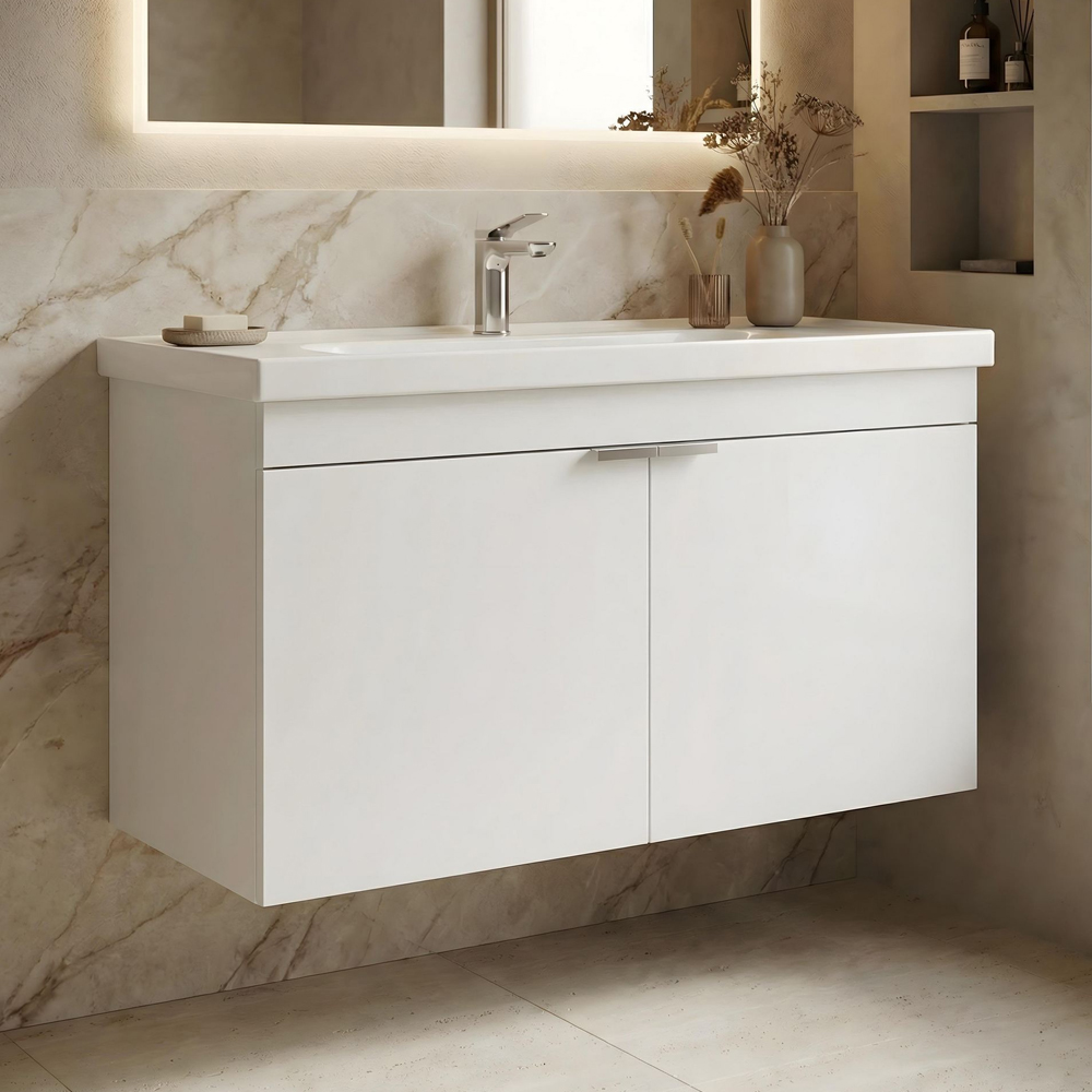 Desna 1000mm Wooden Wall Mounted Vanity Unit & Basin with 2 Doors in Matte White