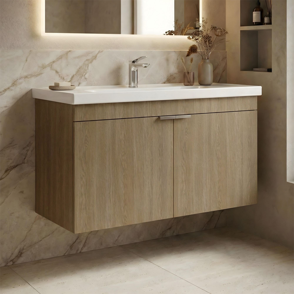 Desna 1000mm Wooden Wall Mounted Vanity Unit & Basin with 2 Doors in Sonoma Oak