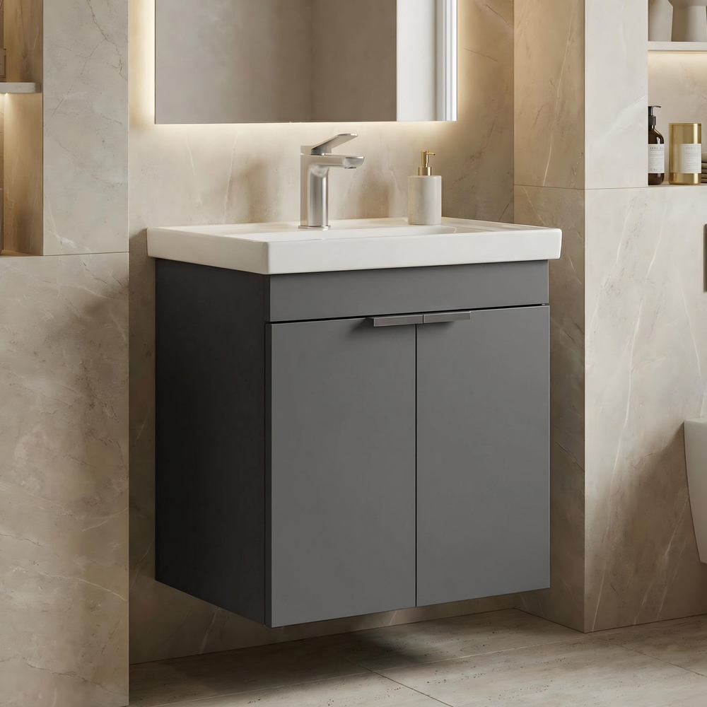 Desna 500mm Wooden Wall Mounted Vanity Unit & Basin with 2 Doors in Matte Anthracite