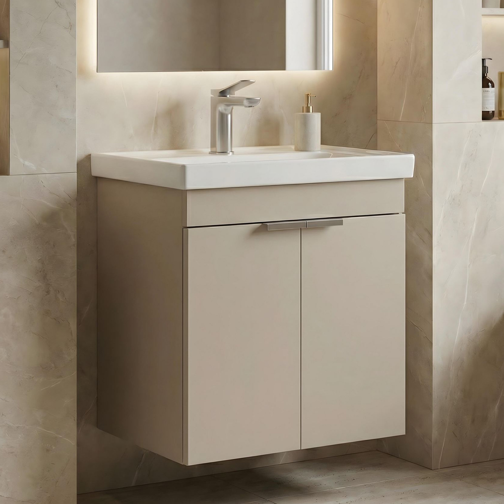 Desna 500mm Wooden Wall Mounted Vanity Unit & Basin with 2 Doors in Sand