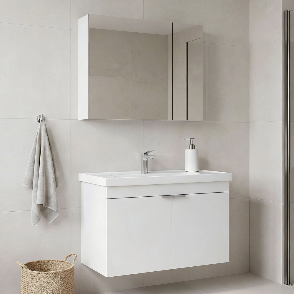 Desna 800mm Wooden Wall Mounted Bathroom Furniture Set with 4 Doors in Matte White