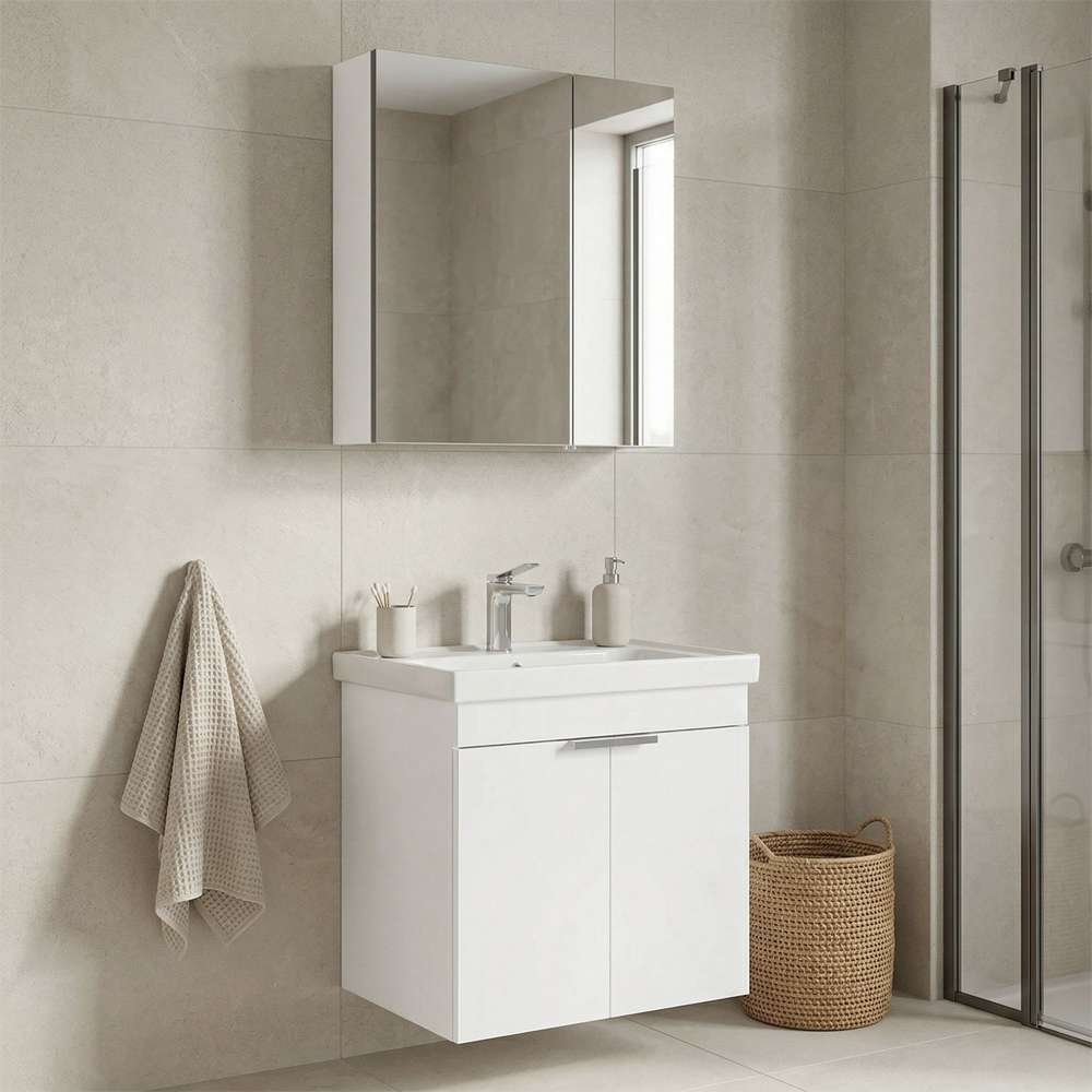 Desna 600mm Wooden Wall Mounted Bathroom Furniture Set with 4 Doors in Matte White
