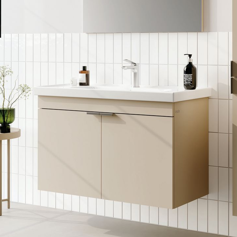Desna 800mm Wooden Wall Mounted Vanity Unit & Basin with 2 Doors in Sand