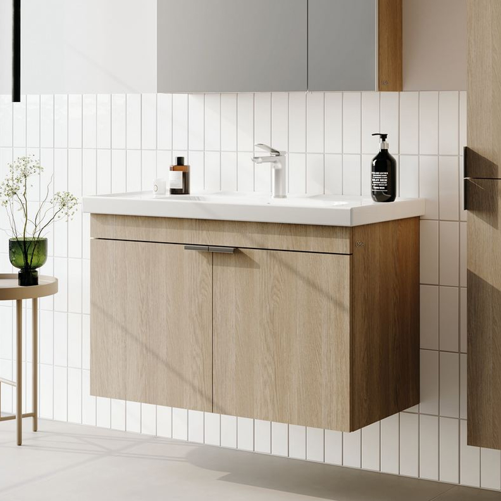 Desna 800mm Wooden Wall Mounted Vanity Unit & Basin with 2 Doors in Sonoma Oak