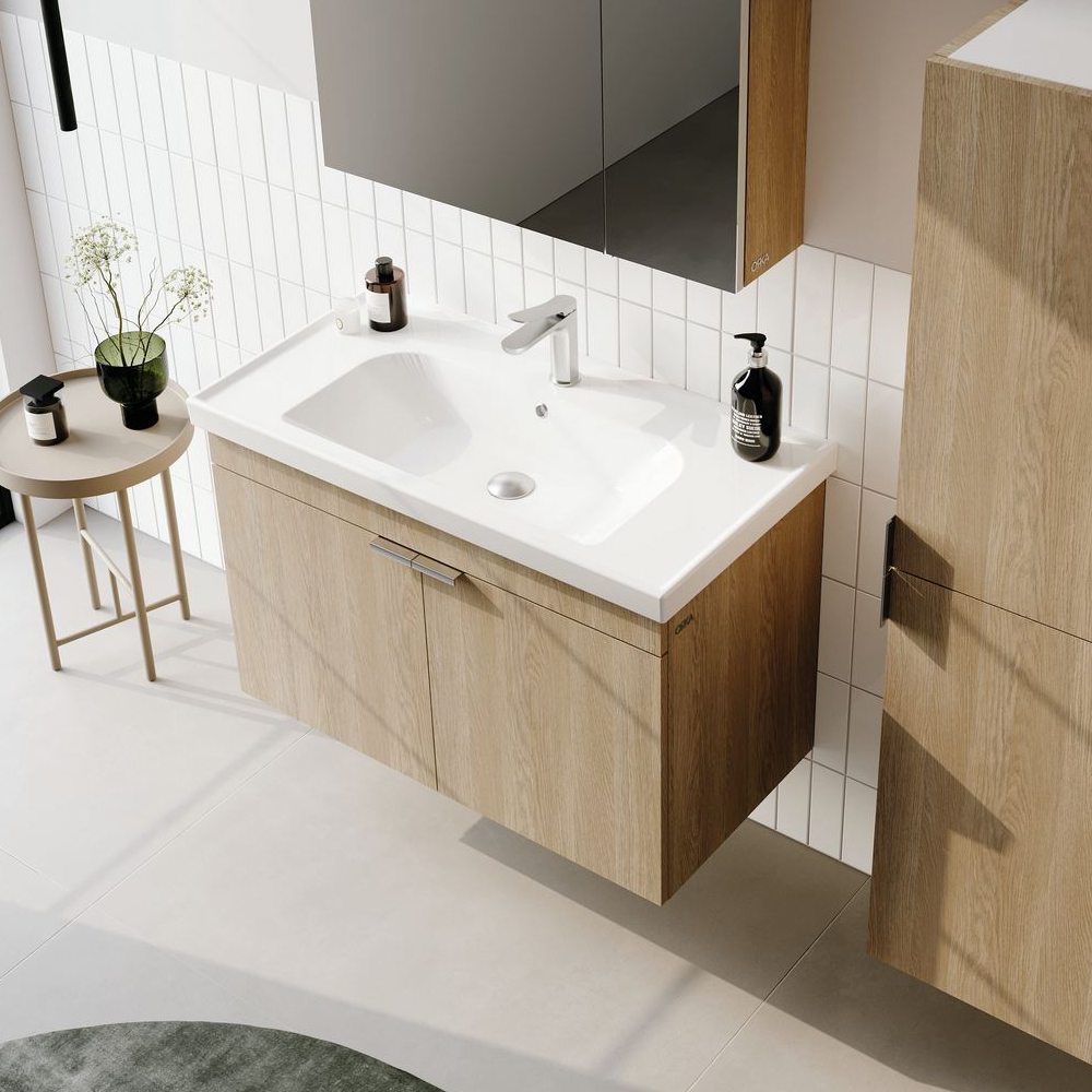 Desna 800mm Wooden Wall Mounted Vanity Unit & Basin with 2 Doors in Sonoma Oak