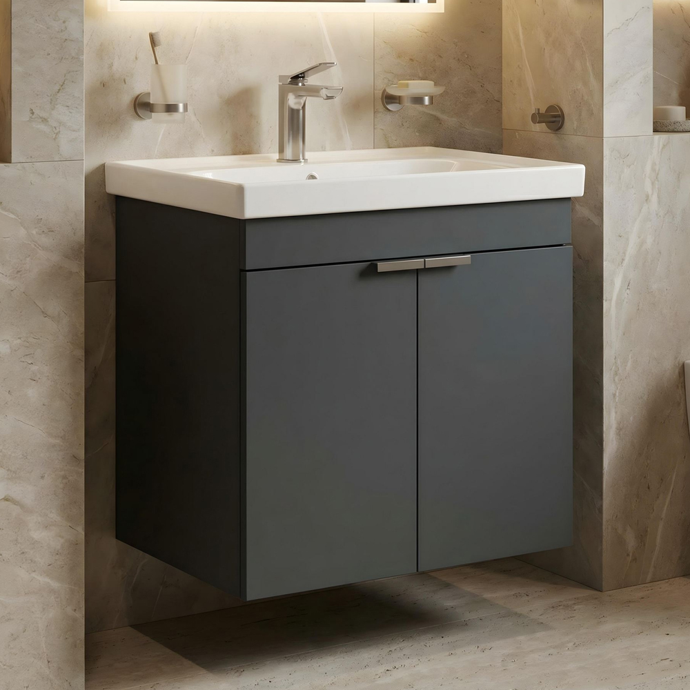 Desna 600mm Wooden Wall Mounted Vanity Unit & Basin with 2 Doors in Matte Anthracite
