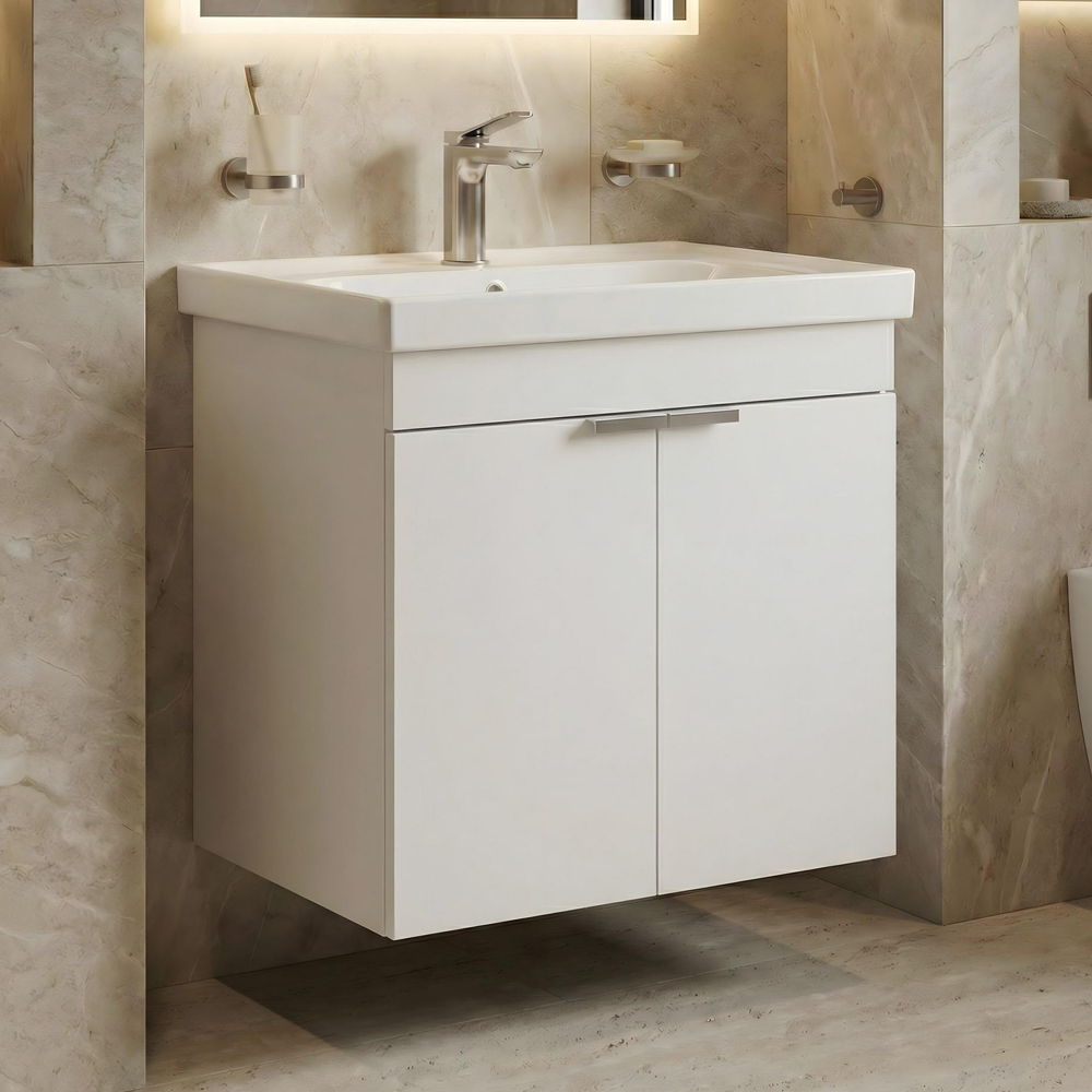 Desna 600mm Wooden Wall Mounted Vanity Unit & Basin with 2 Doors in Matte White