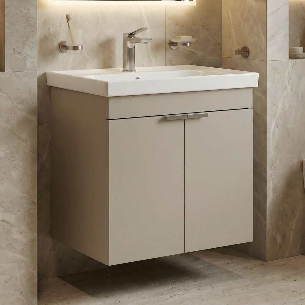Desna 600mm Wooden Wall Mounted Vanity Unit & Basin with 2 Doors in Sand
