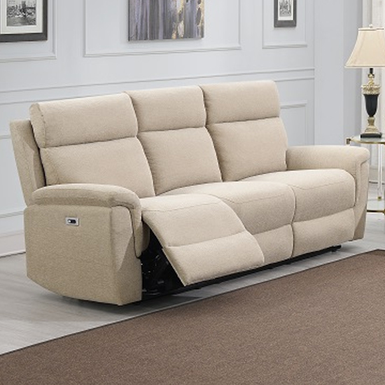 Product photograph of Dessel Fabric Electric Recliner 3 Seater Sofa In Natural from Furniture in Fashion
