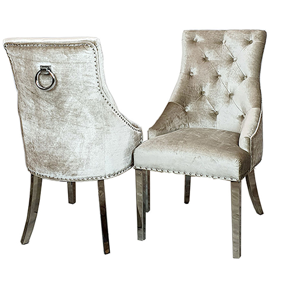 Dessel Plain Knocker Beige Velvet Dining Chairs In Pair Furniture in
