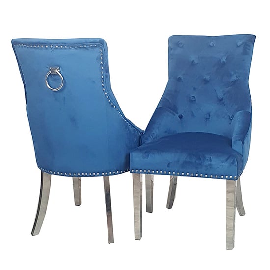 Product photograph of Dessel Plain Knocker Blue Velvet Dining Chairs In Pair from Furniture in Fashion