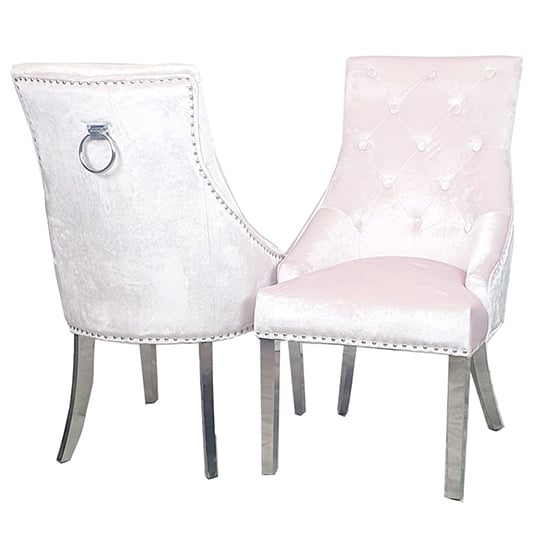 Product photograph of Dessel Plain Knocker Pink Velvet Dining Chairs In Pair from Furniture in Fashion
