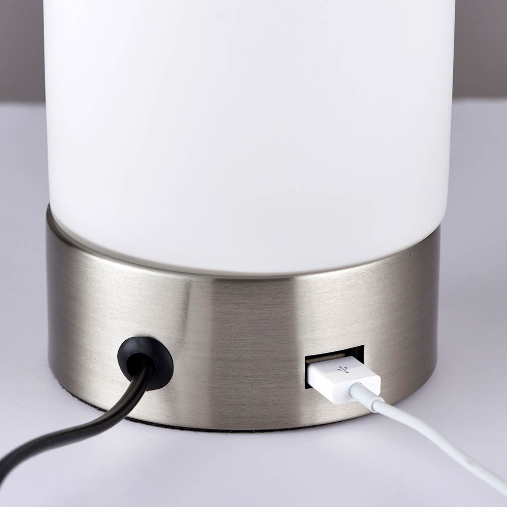 Destin Opal Glass Cylindrical Shade USB Table Lamp In Chrome