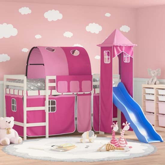 Destin Pinewood Kids Loft Bed In White With Pink Tower