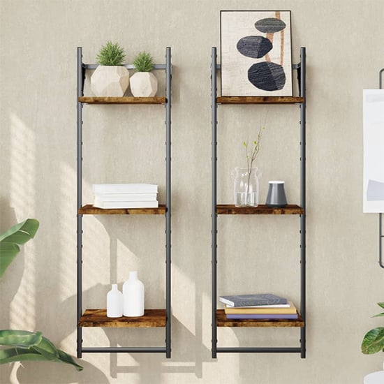 Product photograph of Destin Set Of 2 Wooden Wall Shelf 3-tier In Smoked Oak from Furniture in Fashion