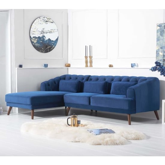 Destone Velvet Upholstered Left Handed Corner Sofa In Blue Sale