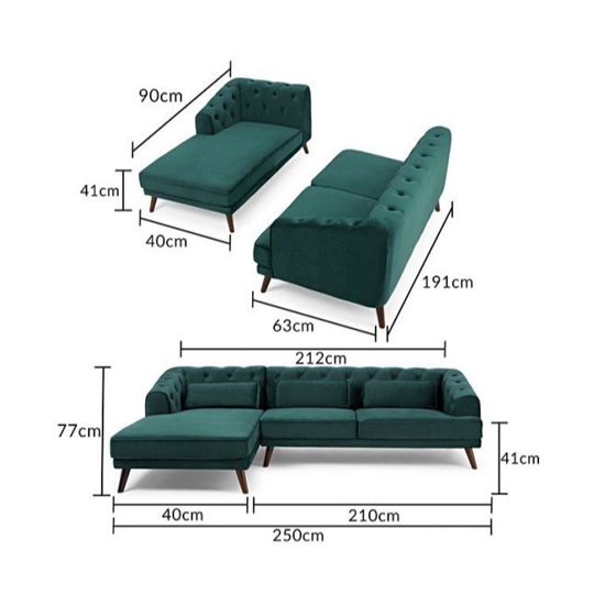 Destone Velvet Upholstered Left Handed Corner Sofa In Green Sale