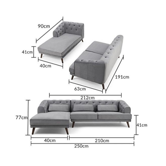 Destone Velvet Upholstered Left Handed Corner Sofa In Grey FiF