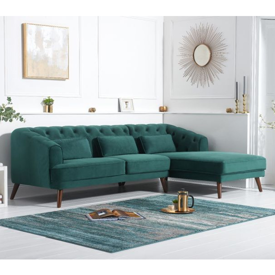 Destone Velvet Upholstered Right Handed Corner Sofa In Green FiF