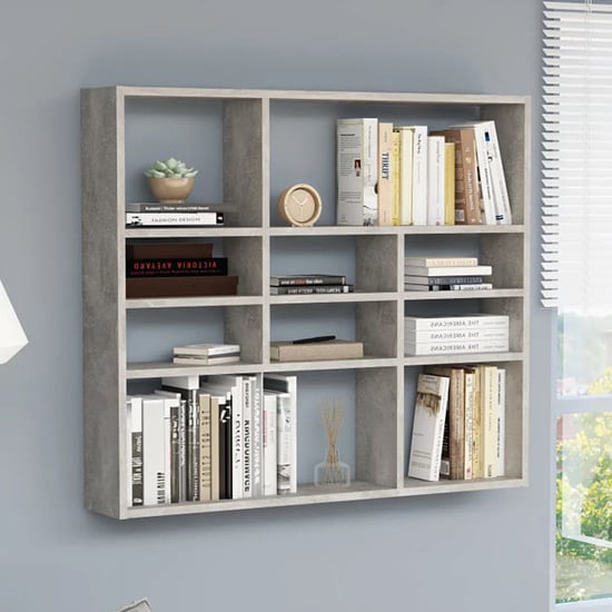 Product photograph of Deus Wooden Wall Shelf With 10 Compartments In Concrete Effect from Furniture in Fashion