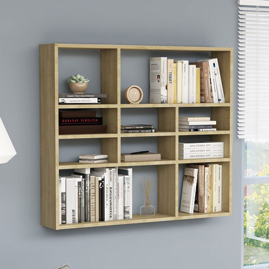 Product photograph of Deus Wooden Wall Shelf With 10 Compartments In Sonoma Oak from Furniture in Fashion