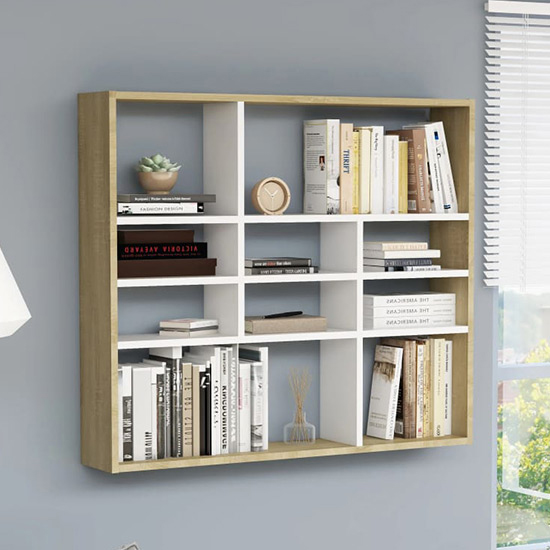 Deus Wooden Wall Shelf With 10 Compartments In White Sonoma Oak