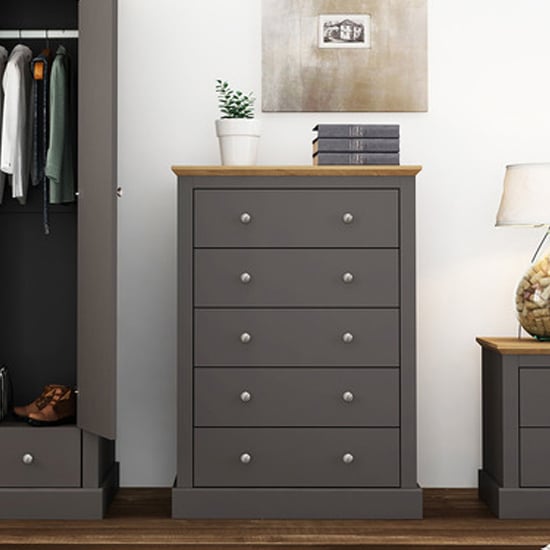Photo of Devan wooden chest of 5 drawers in charcoal