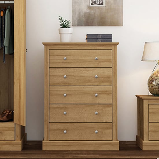 Photo of Devan wooden chest of 5 drawers in oak