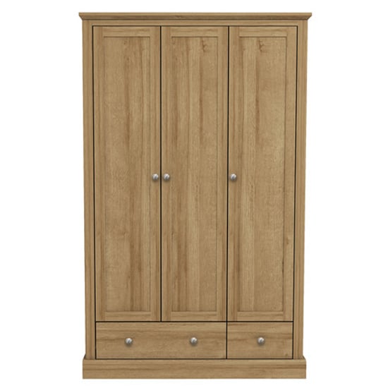 Photo of Devan wooden wardrobe with 3 doors and 2 drawers in oak