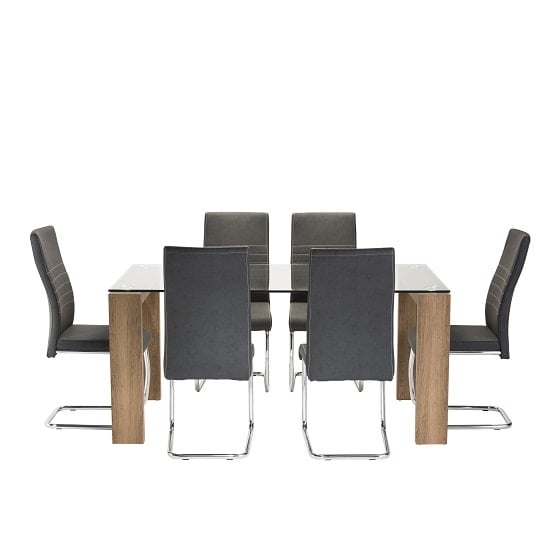 Devan Glass Dining Table Set In Clear With 6 Black Chairs