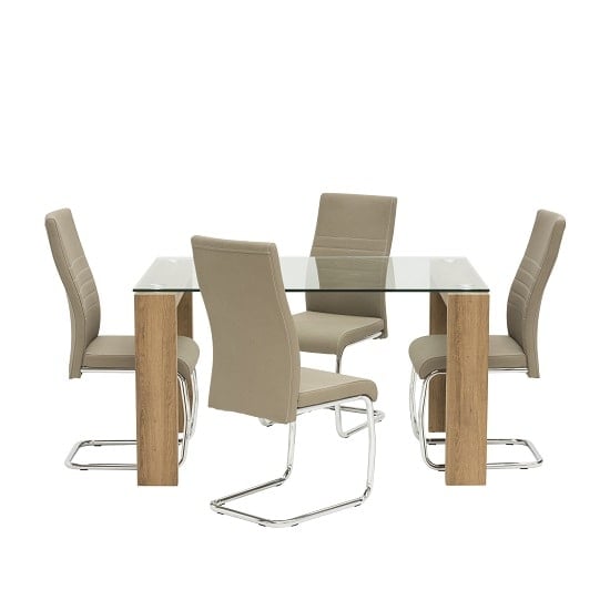 Devan Glass Dining Table Small In Clear With 4 Taupe Chairs