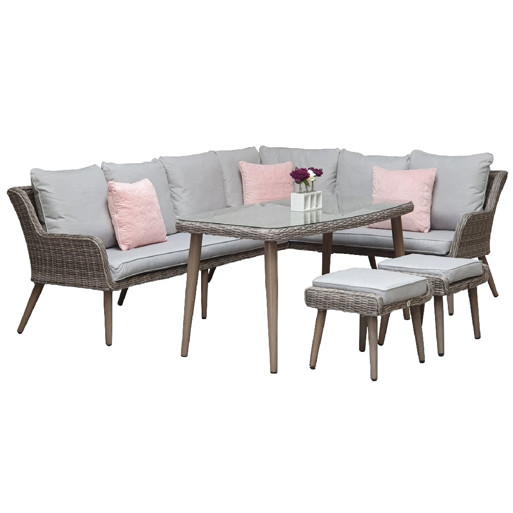 Product photograph of Deven Glass Top Garden Sofa Dining Set With 2 Ottomans In Grey from Furniture in Fashion