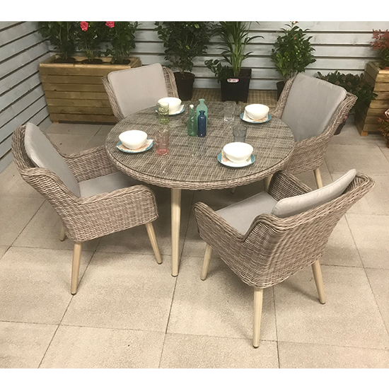 Deven Outdoor Round Dining Table With 4 Chairs In Fine Grey