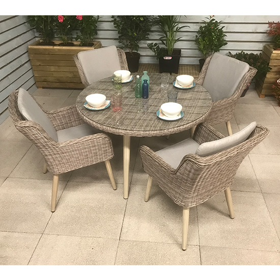 Read more about Deven outdoor round dining table with 4 chairs in fine grey