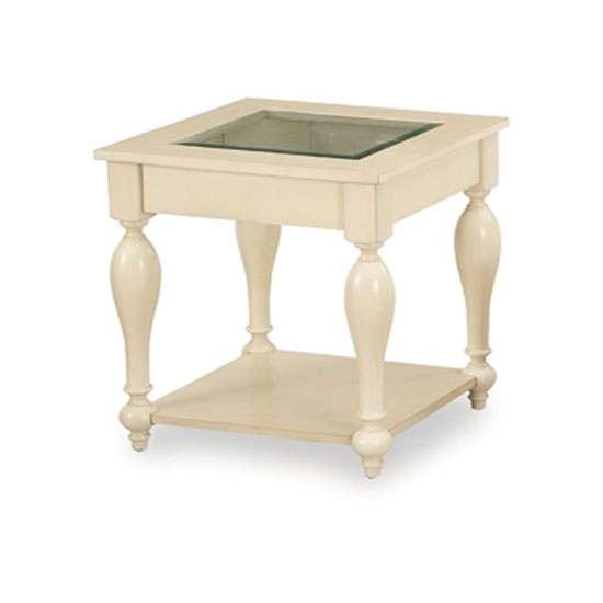Devon Wooden End Table In Bone With Clear Glass Inset Top