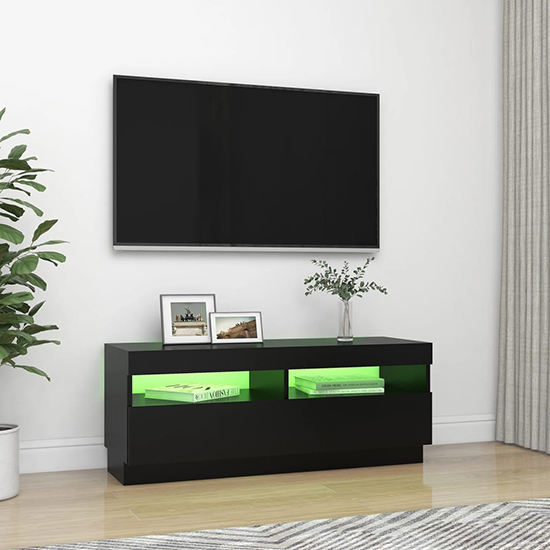 Dezso Wooden TV Stand In Black With LED Lights