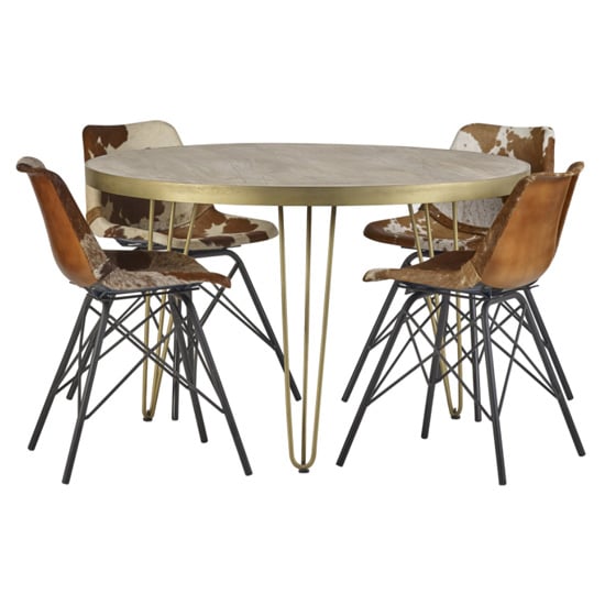 Read more about Dhort round dining table in natural with 4 cowhide catila chairs