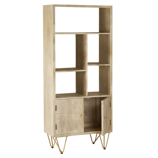 Dhort Wooden Bookcase In Natural With 2 Doors 5 Shelves
