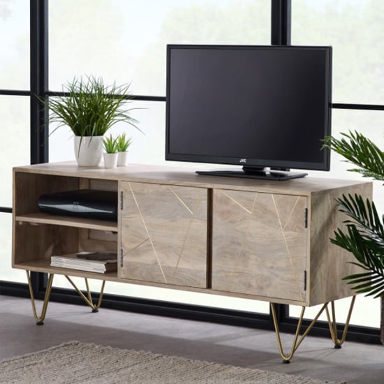 Photo of Dhort wooden tv stand in natural with 2 doors 1 shelf